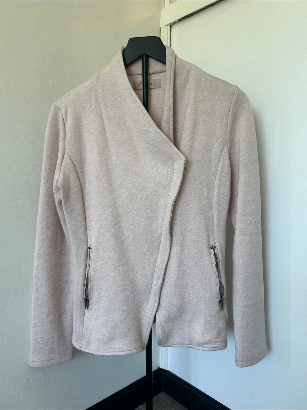 Pale Pink Knit moto style asymmetrical Zip Jacket